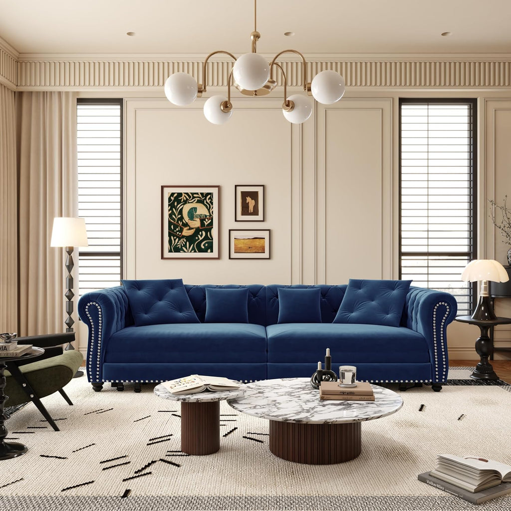 Ball & Cast 3-in-1 Convertible Sofa Bed with Movable Ottoman, 89' Pull Out Couch Bed King Size, Velvet 3 Seater Sleeper Sofa with Nailhead Trim & Rolled Arm,Sofa Couches for Living Room,Blue