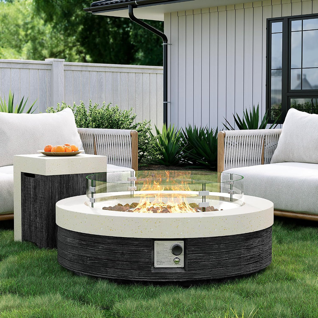 41inch Round Propane Fire Pit Table-Black & White Magnesium Oxide Design,50000 BTU Heat,with 20 Gallon Tank Cover, Glass Wind Guard & Waterproof Cover
