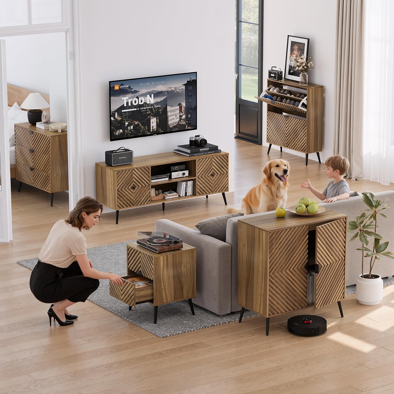 Smuxee Walnut TV Stand with Fluted Diamond Doors, 55.12' Mid Century Modern TV Media Console for TVs up to 65', TV Cabinet with Adjustable Shelf & 2 Cabinets for Living Room