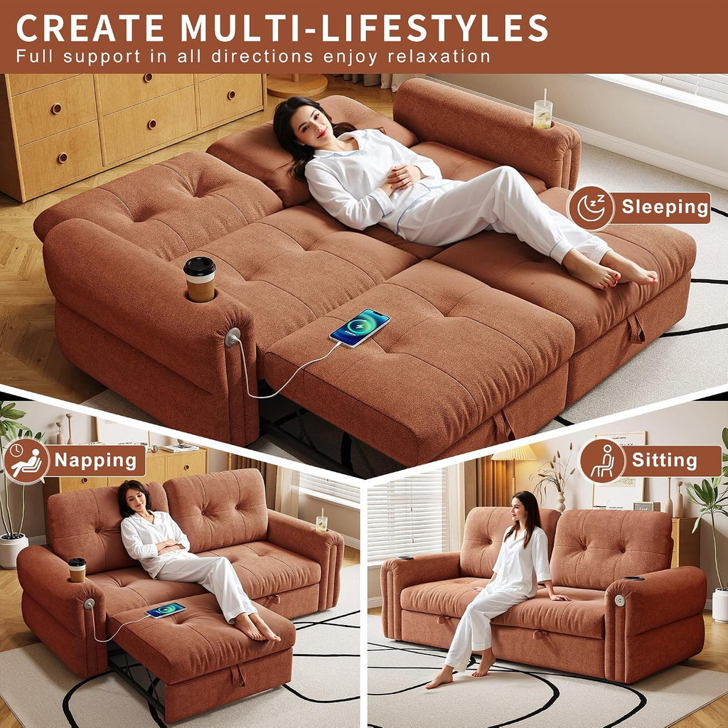MAKIAAP Sleeper Sofa Bed, Queen Size Sofa Bed, Convertible Pull Out Couch with Adjustable Backrest, USB Port and Side Pockets, Modern 2 Seater Small Couches for Living Room, Space-Saving