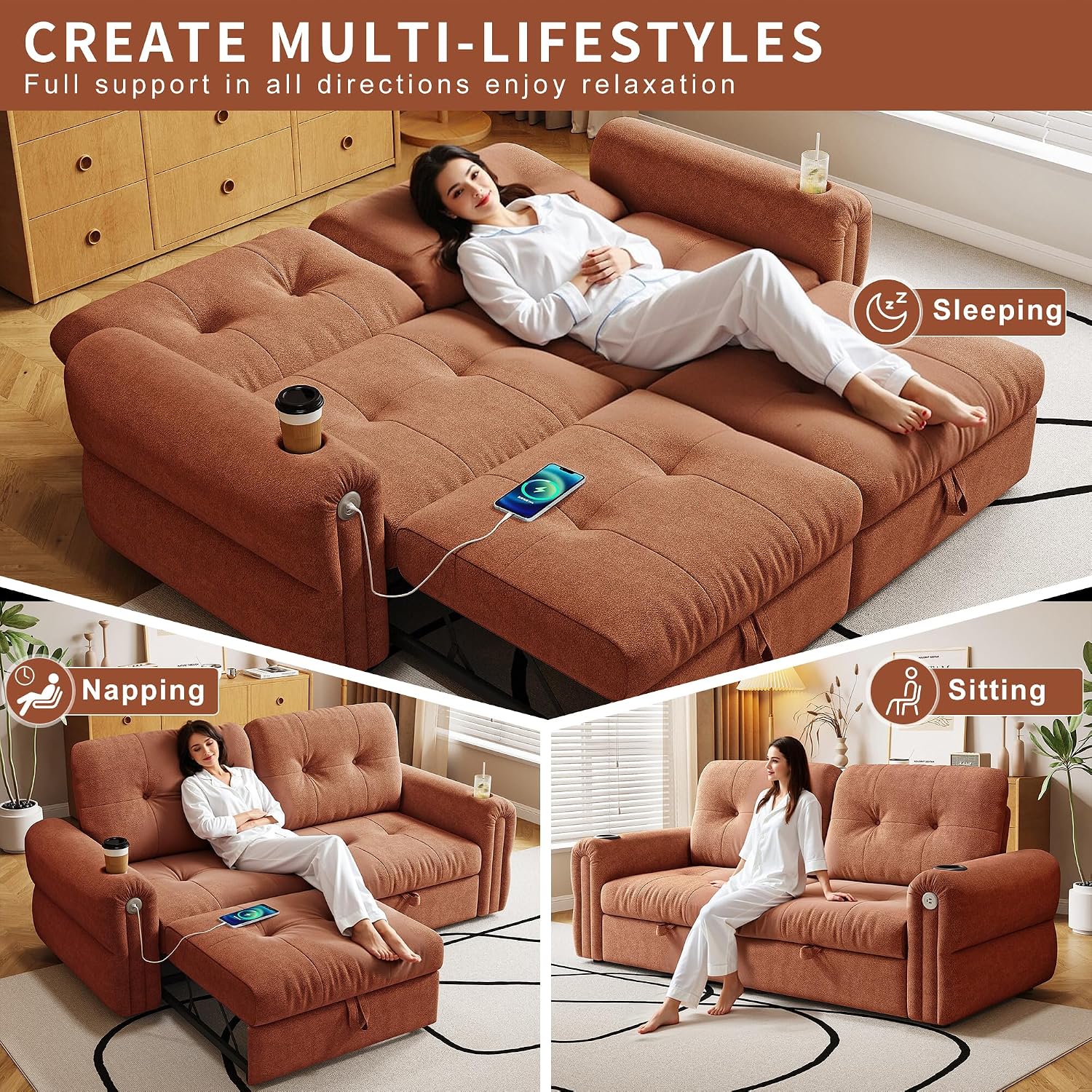MAKIAAP Sleeper Sofa Bed, Queen Size Sofa Bed, Convertible Pull Out Couch with Adjustable Backrest, USB Port and Side Pockets, Modern 2 Seater Small Couches for Living Room, Space-Saving