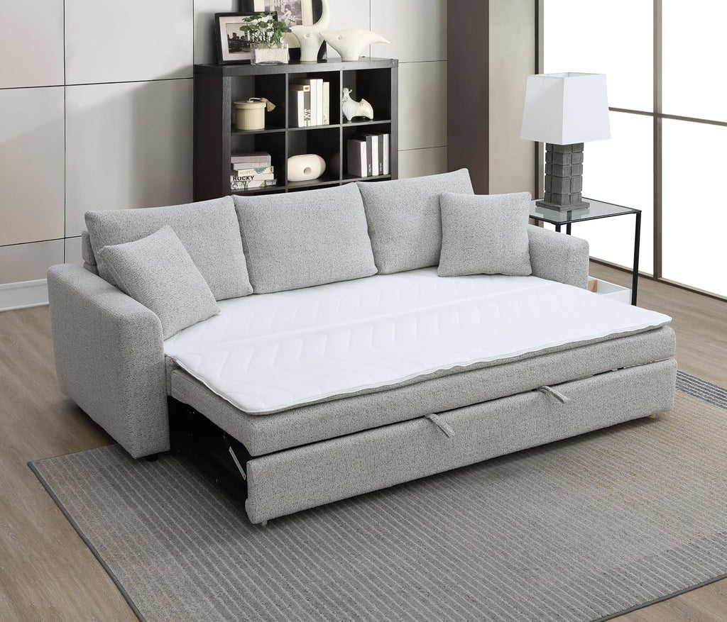 Acme Connie Fabric Upholstered Sofa with Sleeper and 2 Pillows in Beige