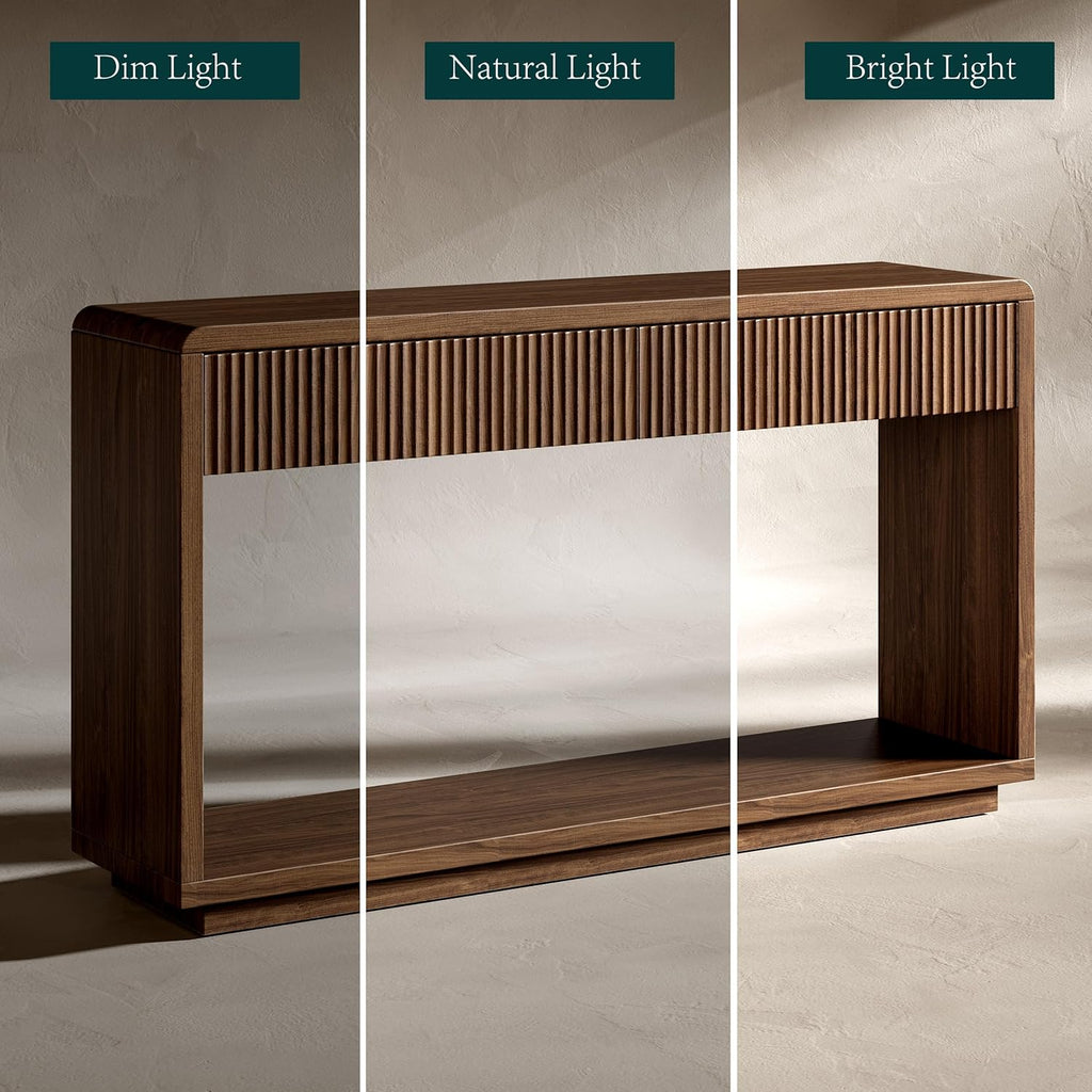 Evermagin 59'' Walnut Entryway Table with Drawers, Fluted Console Table, Mid Century Modern Sofa Table with Storage for Living Room, Entrance, Hallway