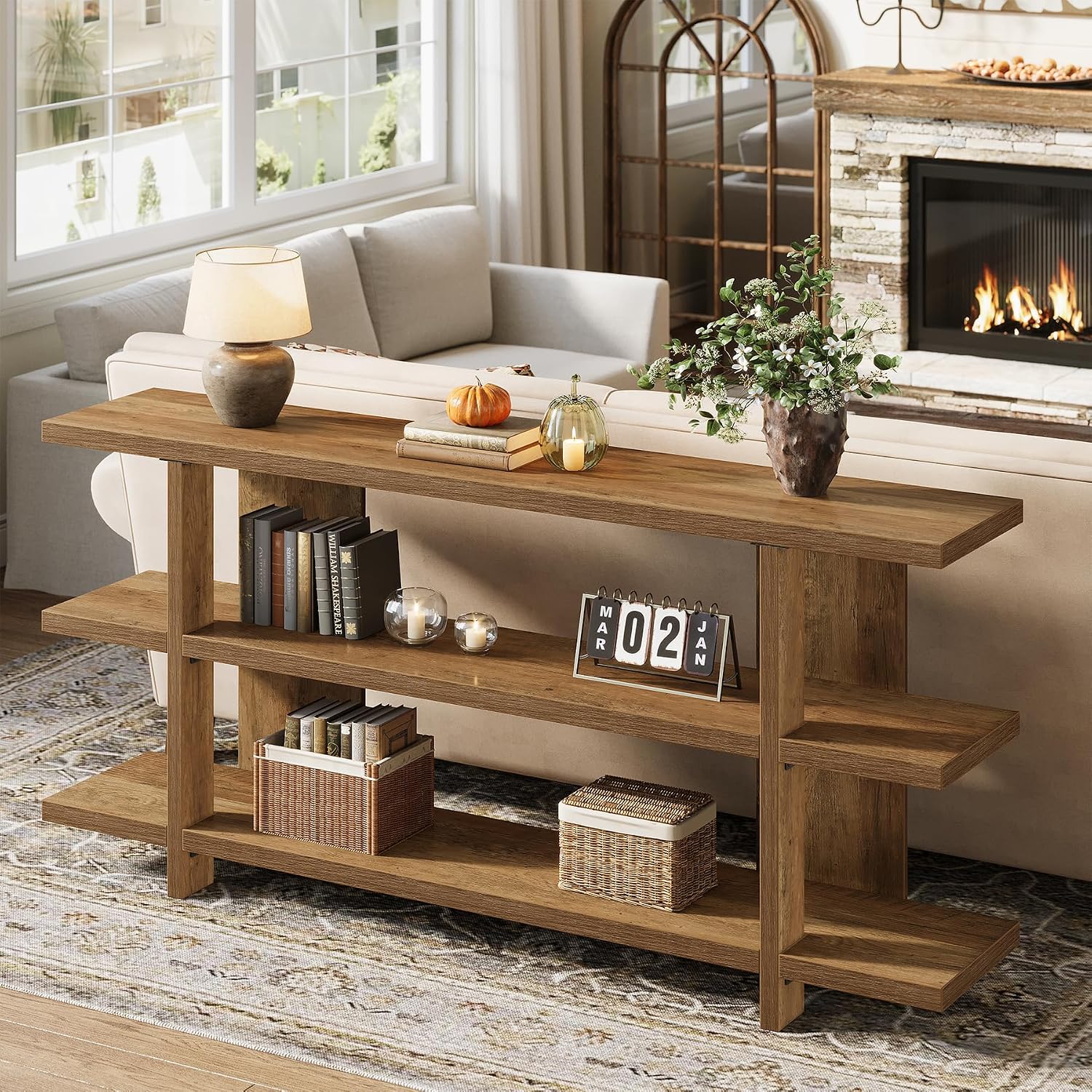 Tribesigns 63 Inches Long Console Table with Storage, Wooden Narrow Entryway Table with 3-Tier Shelf, Farmhouse Accent Foyer Sofa Furniture for Entryway, Living Room, Hallway