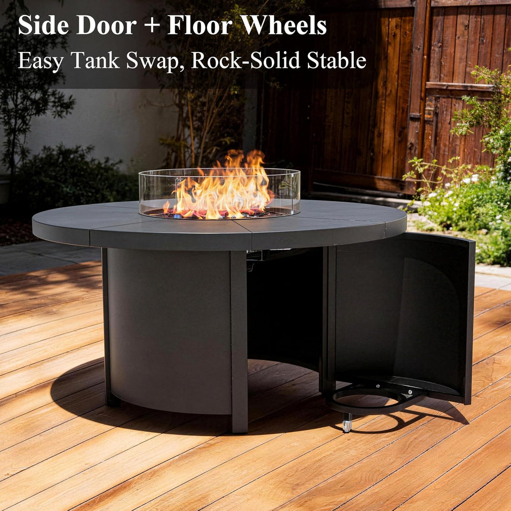48 Inch Round Propane Fire Pit Table, 55000 BTU Auto-Ignition Gas Fire Pit with Steel Tabletop, Adjustable Flame, Windshield, Lid & CSA Certification for Patio Backyard Garden
