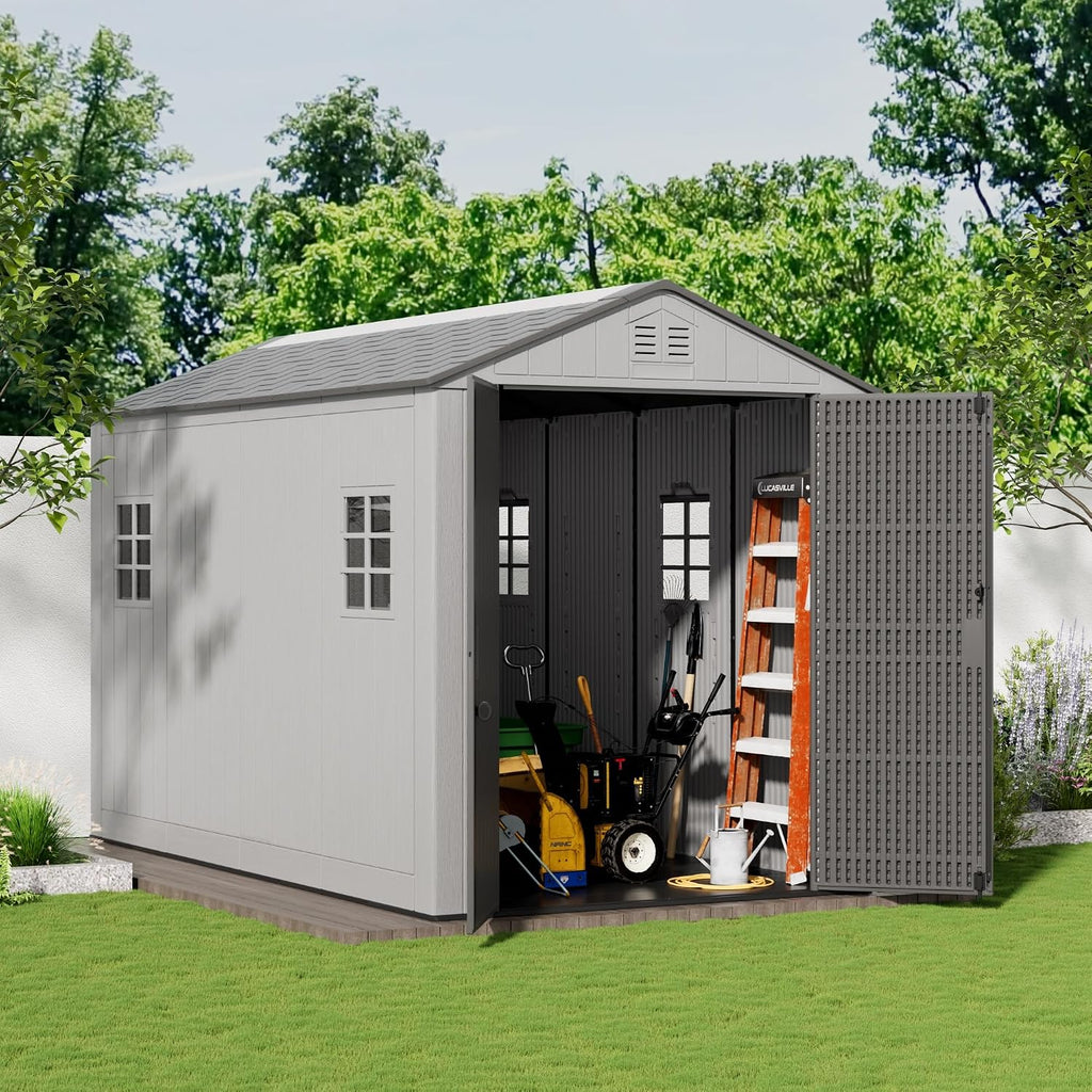 Mrosaa 6x11 FT Storage Shed with Floor,HDPE Resin Outdoor Storage Shed Weather Resistant,Lockable Garden Sheds with Windows for Home/Garden Tools/Backyard/Lawn Mower/Bike Storage(Gray)