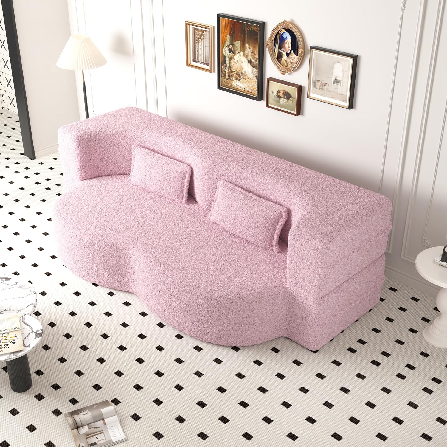 Ball & Cast 78' Sleeper Sofa Bed with 2 Pillows, Convertible Teddy Fabric Foam-Filled Could Couch, Modern Floor Sofa for Living Room,Guest Bed,Playroom,No Assembly Required,Pink