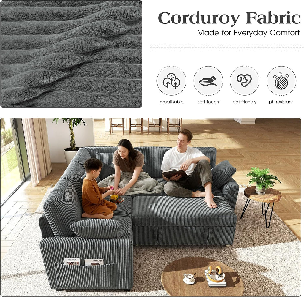 Ihanherry 83-inch 5-Seater Large Sectional Sofa Bed with Storage, Corduroy Reversible Modular Sleeper Sofa with USB Port & 4 Pillows, Convertible L-Shaped Couch for Living Room（Gray）