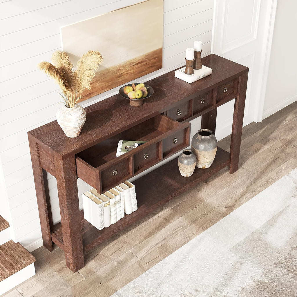 IDEALHOUSE 54inch Rustic Wooden Entryway Table with 2 Drawers & Open Shelf – Farmhouse Console Sofa Table for Hallway, Foyer & Living Room, Brown