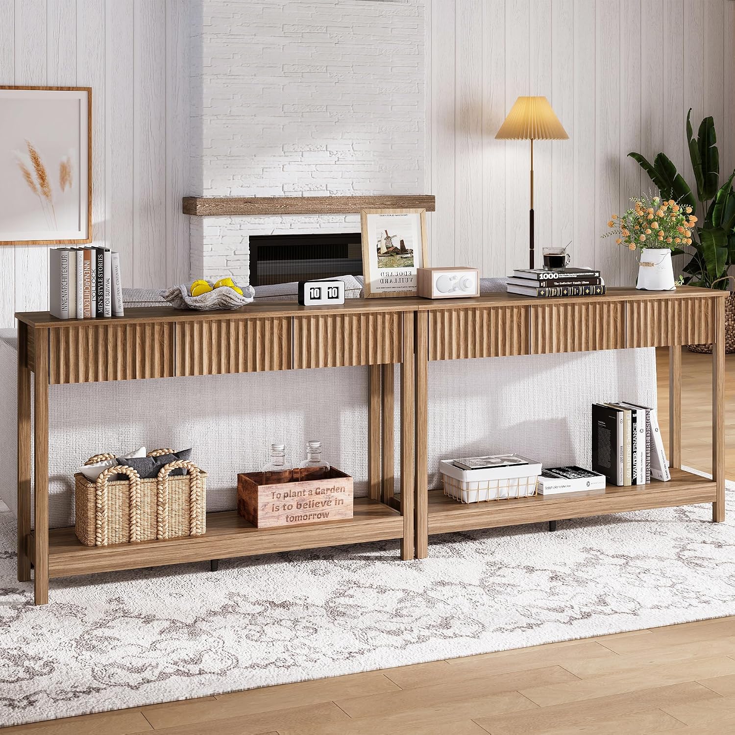 Treocho 47' Console Table with Drawers, Fluted Narrow Entryway Table with Open Shelf, Farmhouse Sofa Table Behind Couch for Hallway, Living Room, Brown