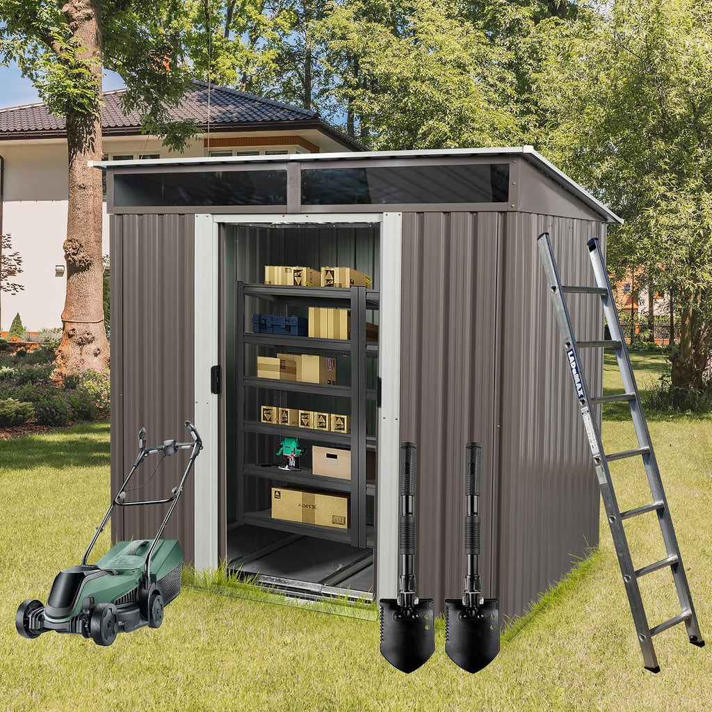 6.4 x 5ft Outdoor Storage Shed Storage Sheds Outdoor with Floor Frame & Lockable Doors,Metal Outdoor Storage Clearance for Backyard Patio Lawn (Gray)