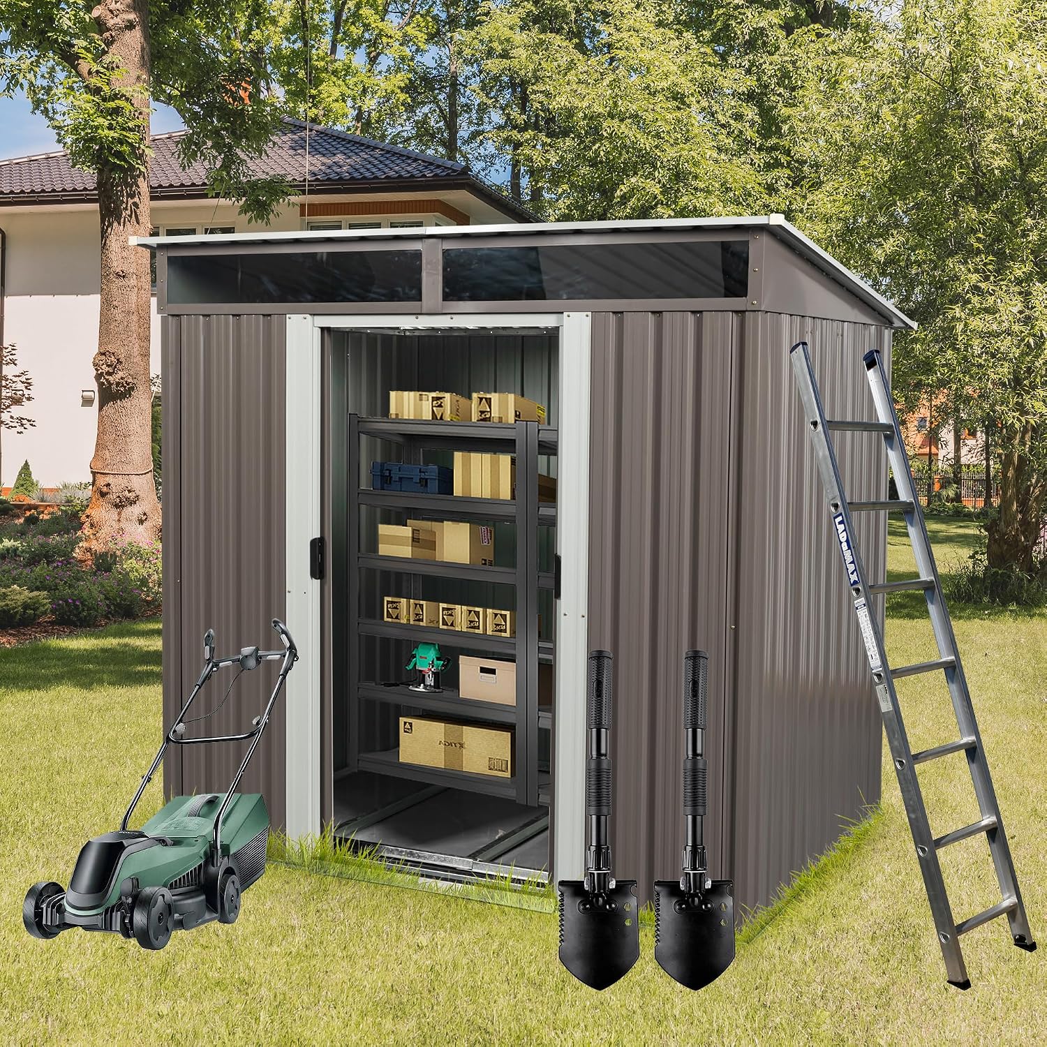 6.4 x 5ft Outdoor Storage Shed Storage Sheds Outdoor with Floor Frame & Lockable Doors,Metal Outdoor Storage Clearance for Backyard Patio Lawn (Gray)