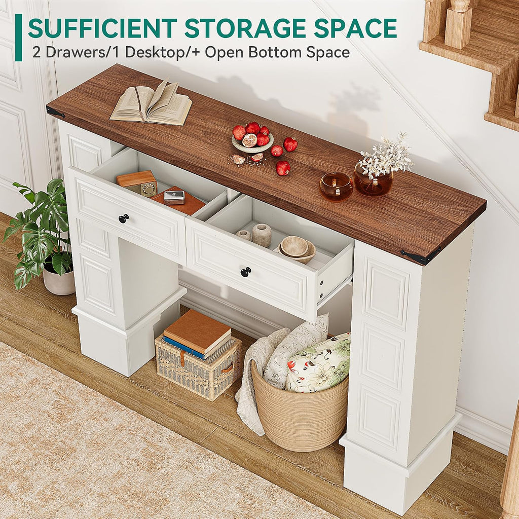 YITAHOME Farmhouse Console Table for Entryway with Storage, Narrow Long Sofa Table Furniture with Non-tip Kit, Behind Couch Table for Hallway, Living Room & Bedroom, Off White & Walnut