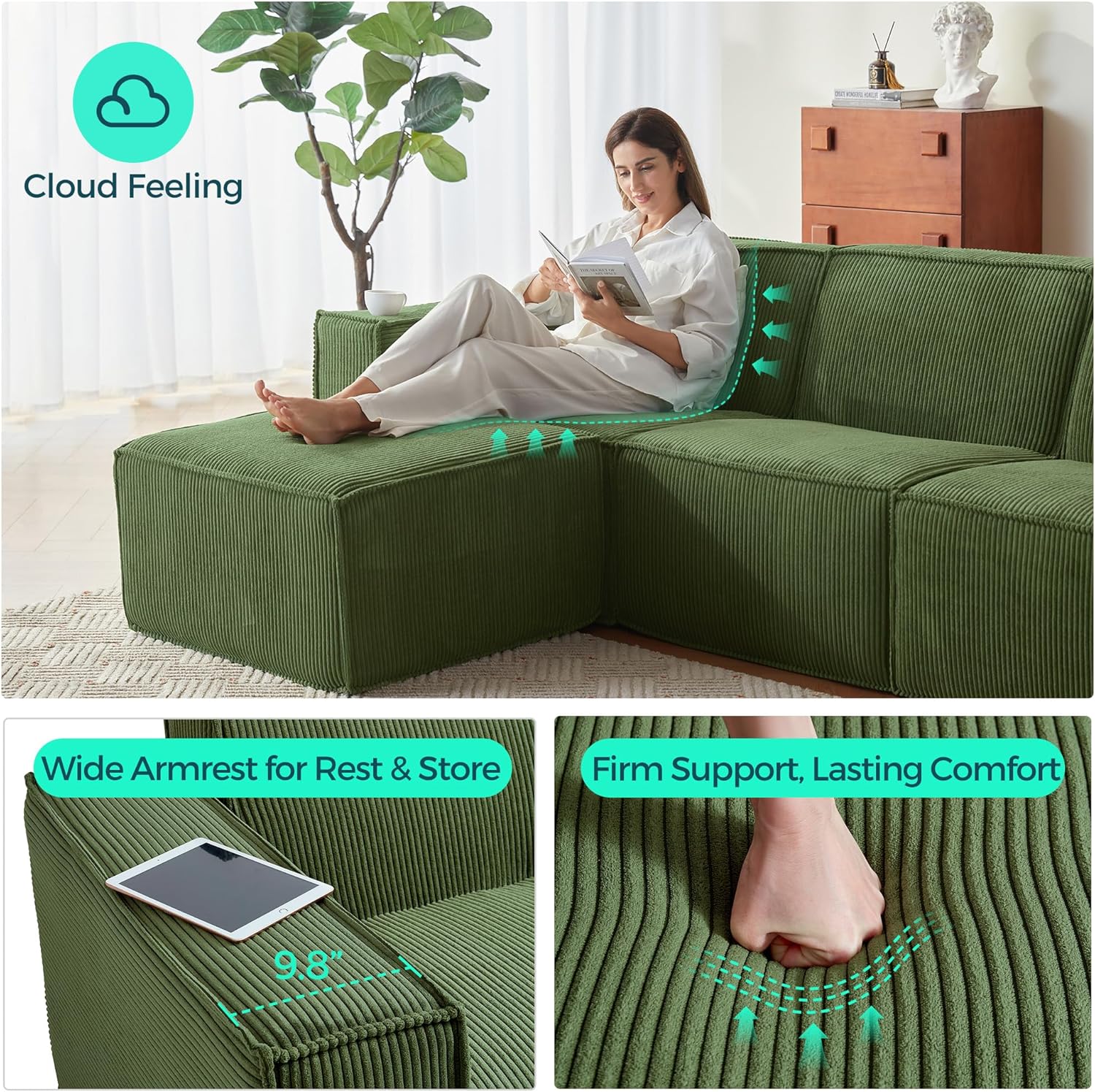 LINSY HOME Modular Sectional Sofa, 105' Boneless Couch U Shaped 3-Seat Sofa with 2 Ottomans, Corduroy Sectional Cloud Couches for Living Room, No Assembly Required, Green