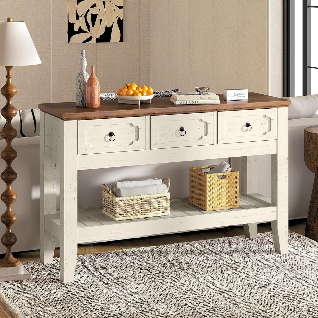 IDEALHOUSE 47in Long Console Table, Farmhouse Narrow Entryway Sofa Table with Drawers and Bottom Shel for Living Room Entrance Foyer, Rustic White