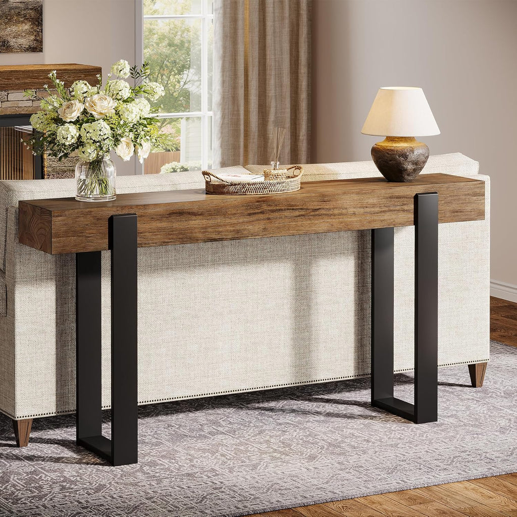 Tribesigns 63-Inch Long Console Table, Solid Wood Sofa Table Behind The Couch with Metal Support, Farmhouse Entryway Furniture for Entrance, Hallway, Living Room, Rustic Brown & Black