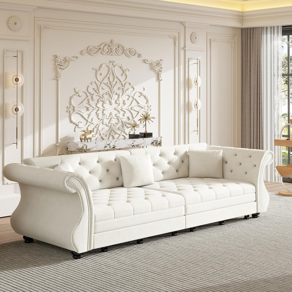 97.6' King Size Sleeper Sofa Bed, 3-in-1 Convertible Pull Out Chesterfield Sleeper Couch, Oversized Velvet Flower Button Tufted 4-Seat Sofa for Living Room Apartment, Beige White