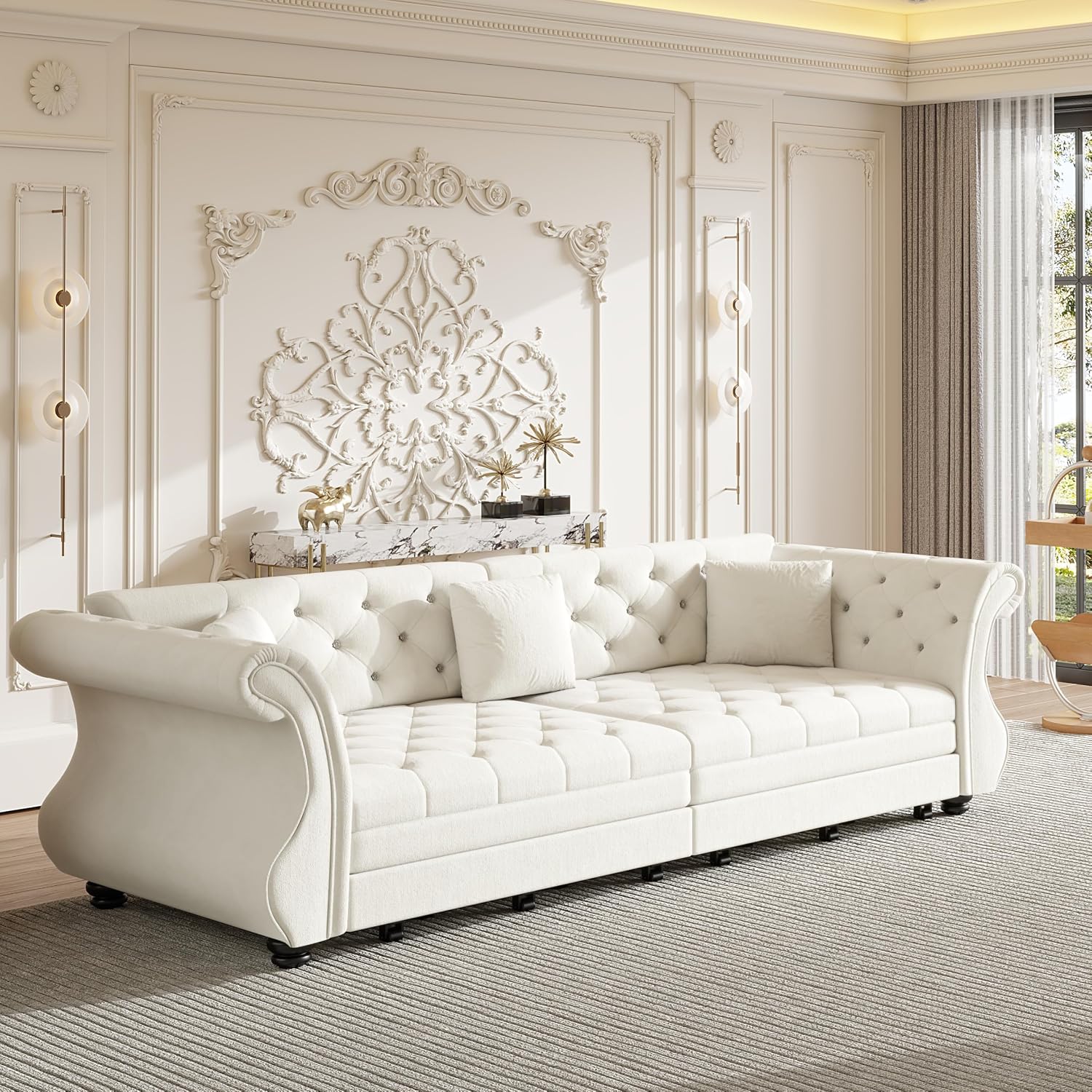 97.6' King Size Sleeper Sofa Bed, 3-in-1 Convertible Pull Out Chesterfield Sleeper Couch, Oversized Velvet Flower Button Tufted 4-Seat Sofa for Living Room Apartment, Beige White