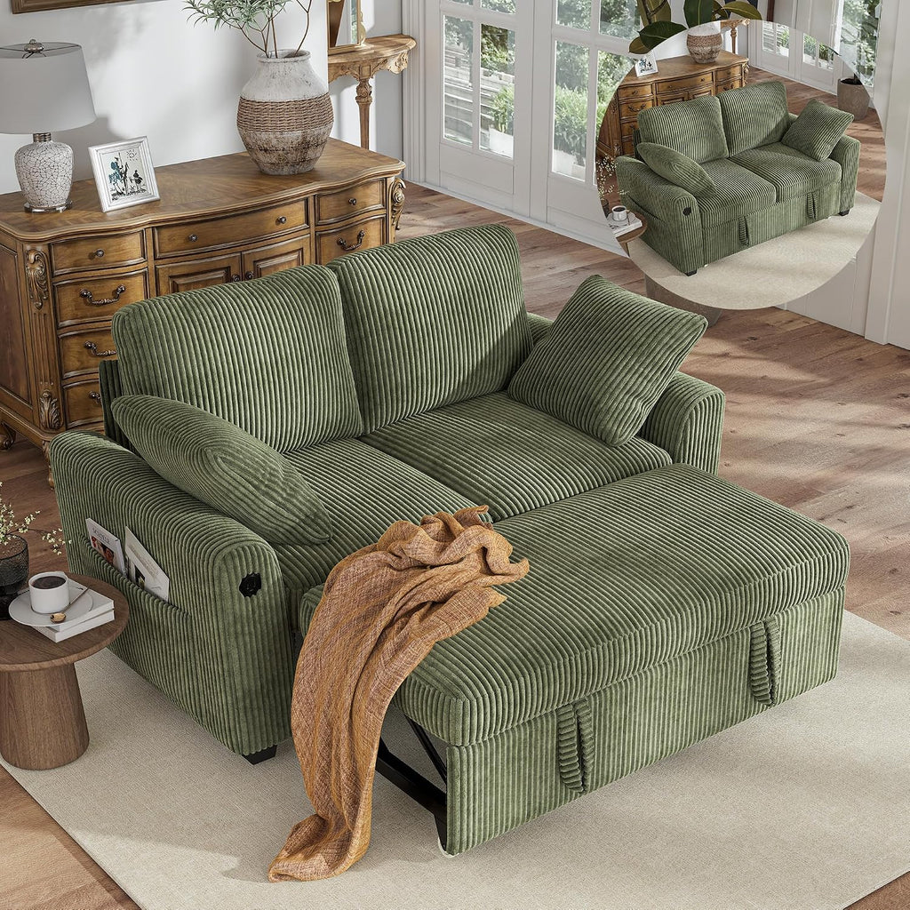 Hanherry 59' Loveseat Sofa with Pull Out Couch Bed, Corduroy 2-in-1 Convertible 2 Seater Sleeper Sofa with USB Charging,Comfy Love Seat for Small Spaces Living Room Apartment