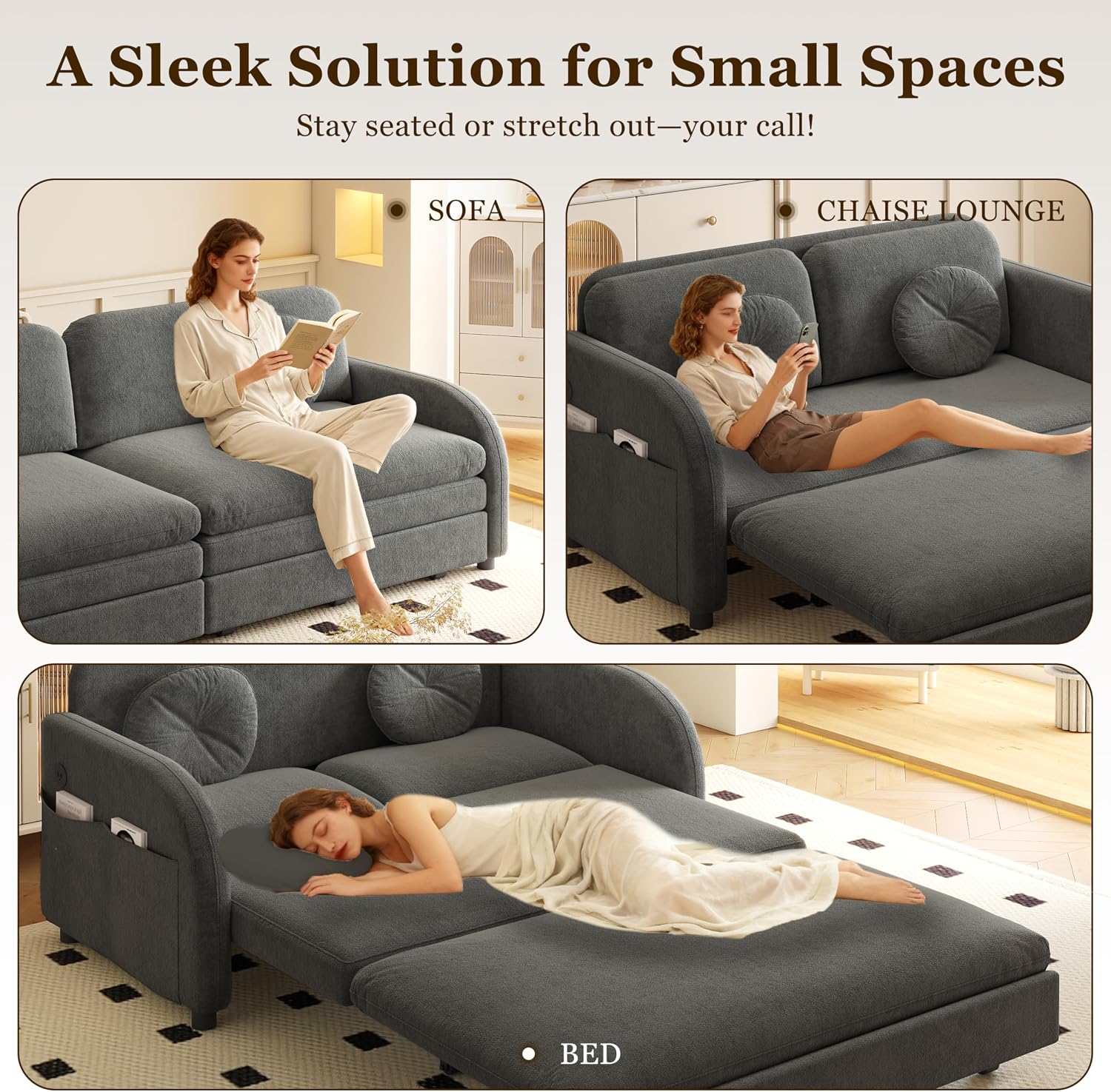 52.4'' Pull Out Couch Full-Size, Futon Sofa Bed, Convertible Sleeper Sofa Bed with USB Port, Storage Pockets, 2 Pillows, Modern Chenille Loveseat Couches for Small Space, Living Room, Grey