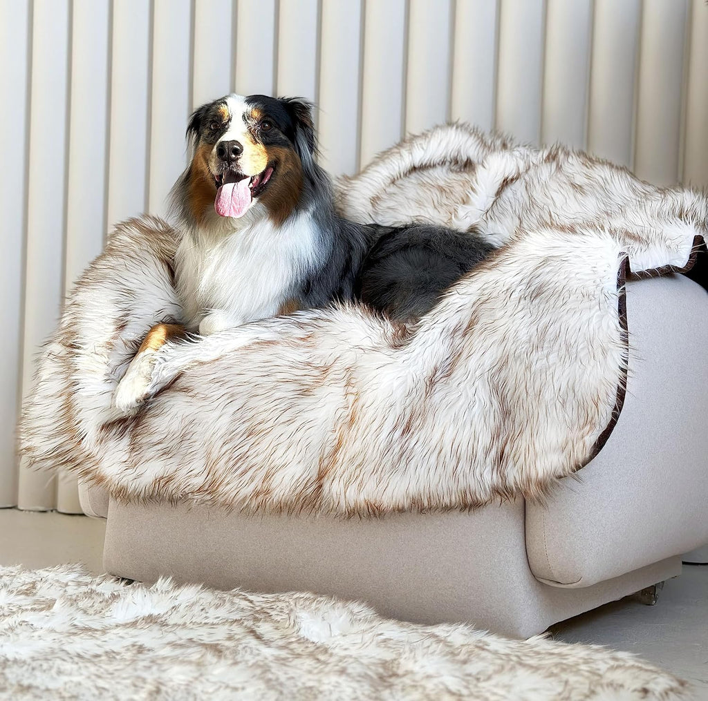 IHAPPYDOG Waterproof Faux Fur Dog Blanket – Pet Throw & Couch Protector for Sofa, Bed, Furniture – Plush Pup Cover for Small Medium Large Dogs – Machine Washable – White w/Brown Tips – 80' x 60'