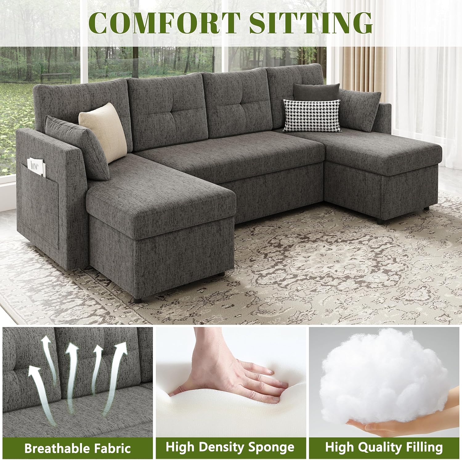 Huatean Home Oversized Sleeper Couch Sofa, 110 inch 2 in 1 Pull Out Couch with Double Storage Chaise, Sectional Sleeper Sofa Bed with Side Pocket for Living Room, Dark Grey