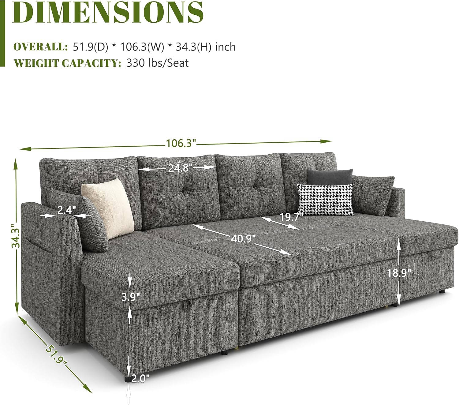 Huatean Home Oversized Sleeper Couch Sofa, 110 inch 2 in 1 Pull Out Couch with Double Storage Chaise, Sectional Sleeper Sofa Bed with Side Pocket for Living Room, Dark Grey