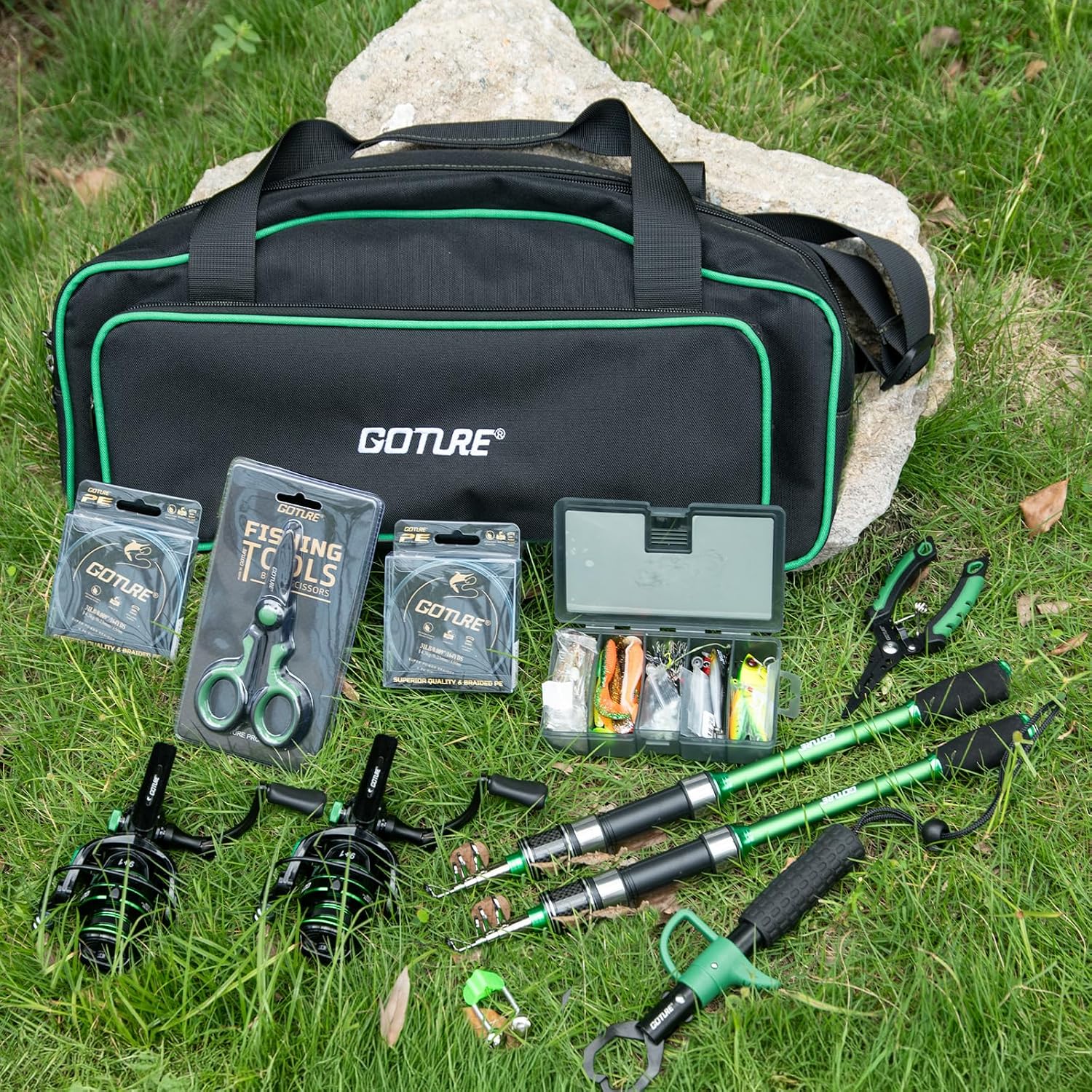 Goture Fishing Poles and Reels Combo - Green Telescoping Fishing Rod Portable Travel Kit with Carrier Bag for Freshwater Saltwater