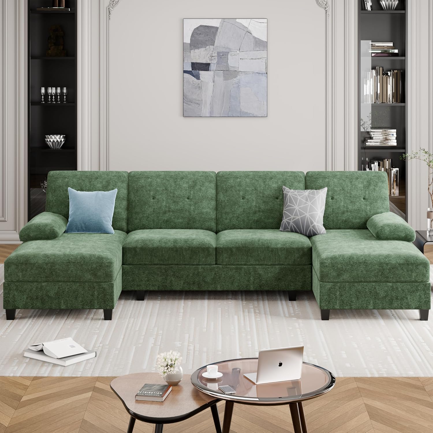 Sectional Couches for Living Room, 106 in U Shaped Couch Soft Sectional Sofa with Double Chaise, Comfortable Fabric 4 Seat Sofa Couch for Apartment (Green)