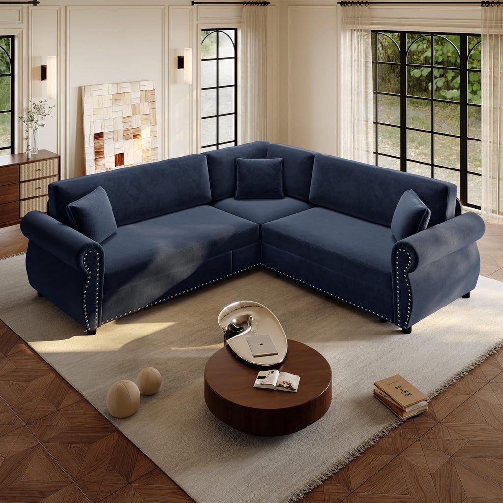 88.2' Sectional Sleeper Sofa with Pull Out Bed - Oversize L-Shaped Convertible Sleeper Couch Bed, Button Tufted Chesterfield Sofa, Chenille Vintage Couches for Living Room/Apartment(4-Seater, Blue)