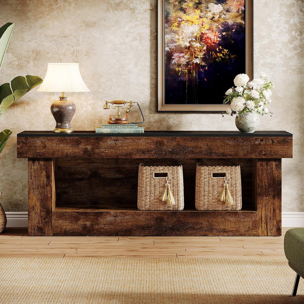 Tribesigns 63-inch TV Stand with Storage, Entertainment Center for 60/65/70 Inches TVs, Rustic Media TV Console with Open Storage Space for Living Room Bedroom, Rustic Brown & Black