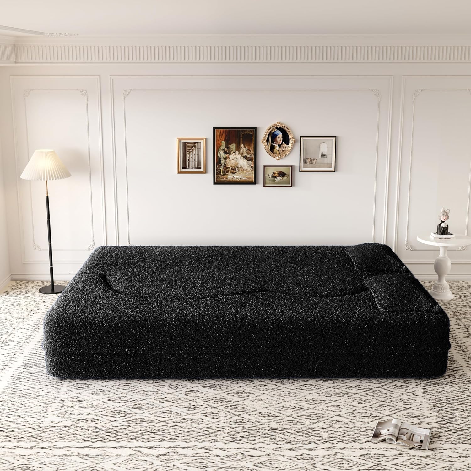Ball & Cast 78' Floor Sofa Bed with 2 Pillows,Convertible Teddy Fabric Foam-Filled Sleeper Sofa Bed,Pull Out Couch Full Size Folding Mattress for Living Room,Playroom,No Assembly Required,Black