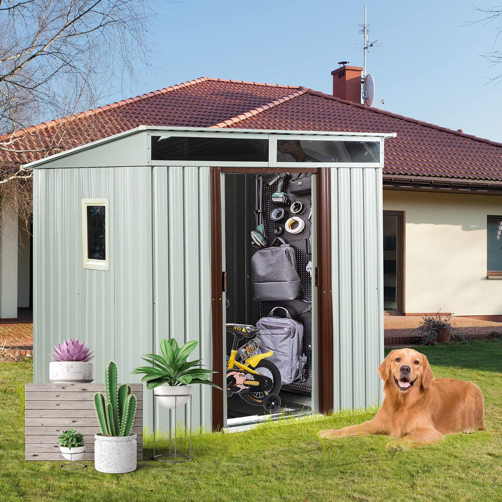 6.4 x 5ft Outdoor Storage Shed,Steel Garden Tool Shed with Floor Frame & Double Lockable Doors,Metal Outdoor Storage Clearance for Backyard Patio Lawn (White-Side Window)