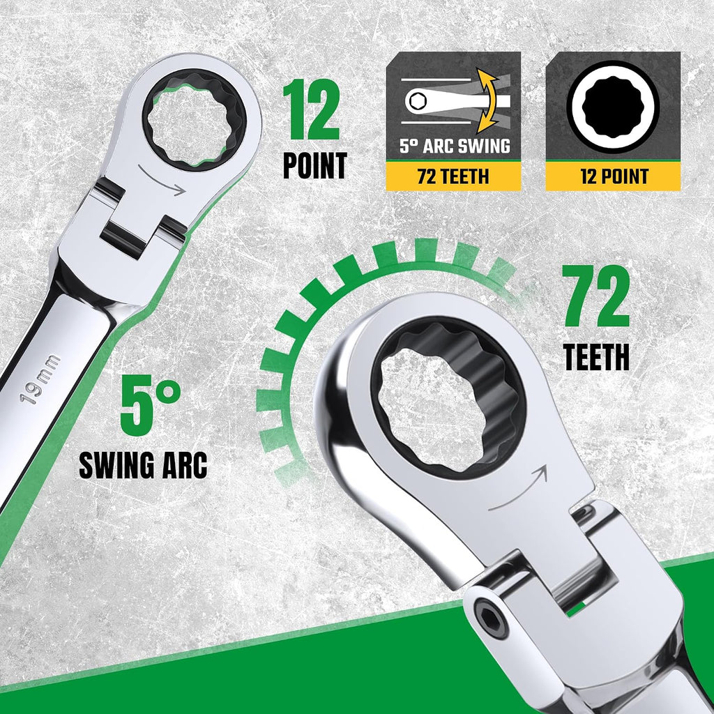 SK Flex-Head Ratcheting Wrench Set, Combination Wrench Set, 16-Piece, Metric 8 to 25mm, 72-Tooth, Premium CR-V Construction, with Rolling Pouch