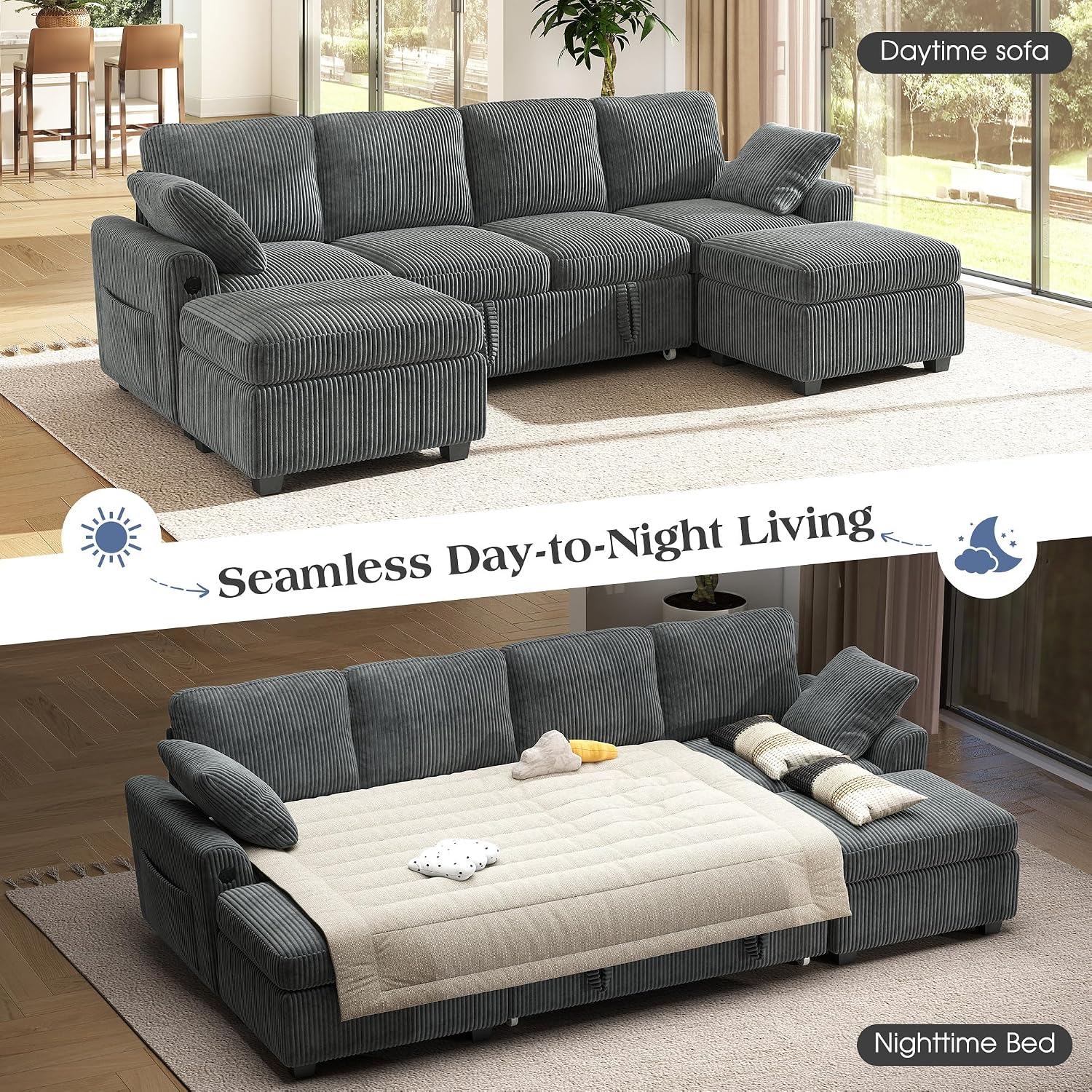Ihanherry 6-Seater Large Sectional Sofa Bed with Storage Ottoman, Corduroy Reversible Modular Sleeper Sofa Couch with USB Port, 104' L-Shaped Convertible Couch for Living Room（Gray）