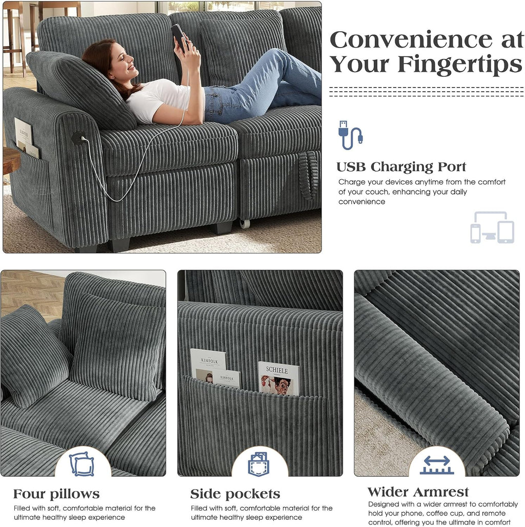 Ihanherry 83-inch 5-Seater Large Sectional Sofa Bed with Storage, Corduroy Reversible Modular Sleeper Sofa with USB Port & 4 Pillows, Convertible L-Shaped Couch for Living Room（Gray）