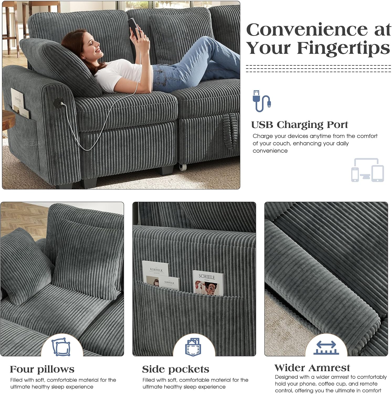 Ihanherry 83-inch 5-Seater Large Sectional Sofa Bed with Storage, Corduroy Reversible Modular Sleeper Sofa with USB Port & 4 Pillows, Convertible L-Shaped Couch for Living Room（Gray）