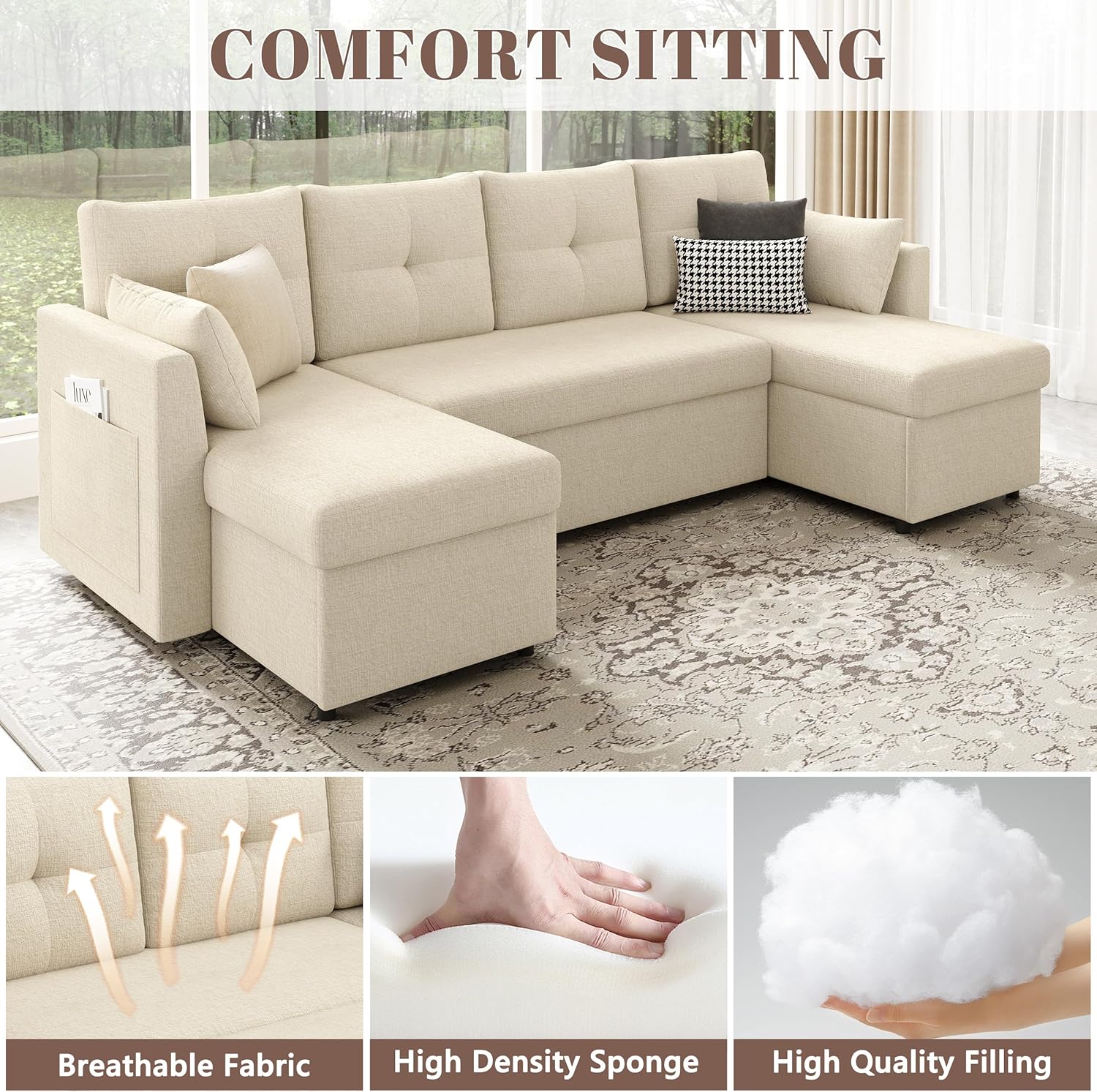 Huatean Home Oversized Sleeper Couch Sofa, Sectional Sleeper Sofa Bed with Side Pocket for Living Room, 110 inch 2 in 1 Pull Out Couch with Double Storage Chaise, Beige