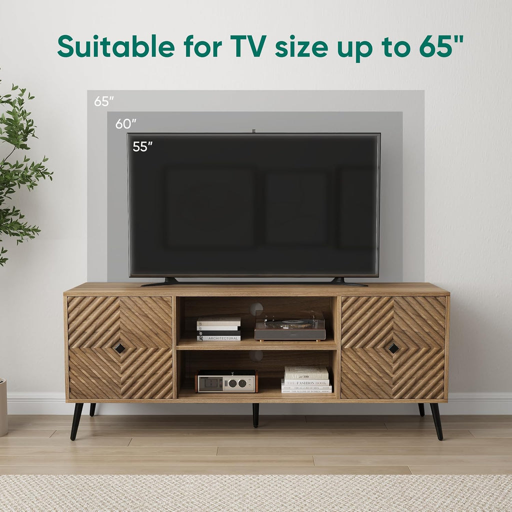 Smuxee Walnut TV Stand with Fluted Diamond Doors, 55.12' Mid Century Modern TV Media Console for TVs up to 65', TV Cabinet with Adjustable Shelf & 2 Cabinets for Living Room