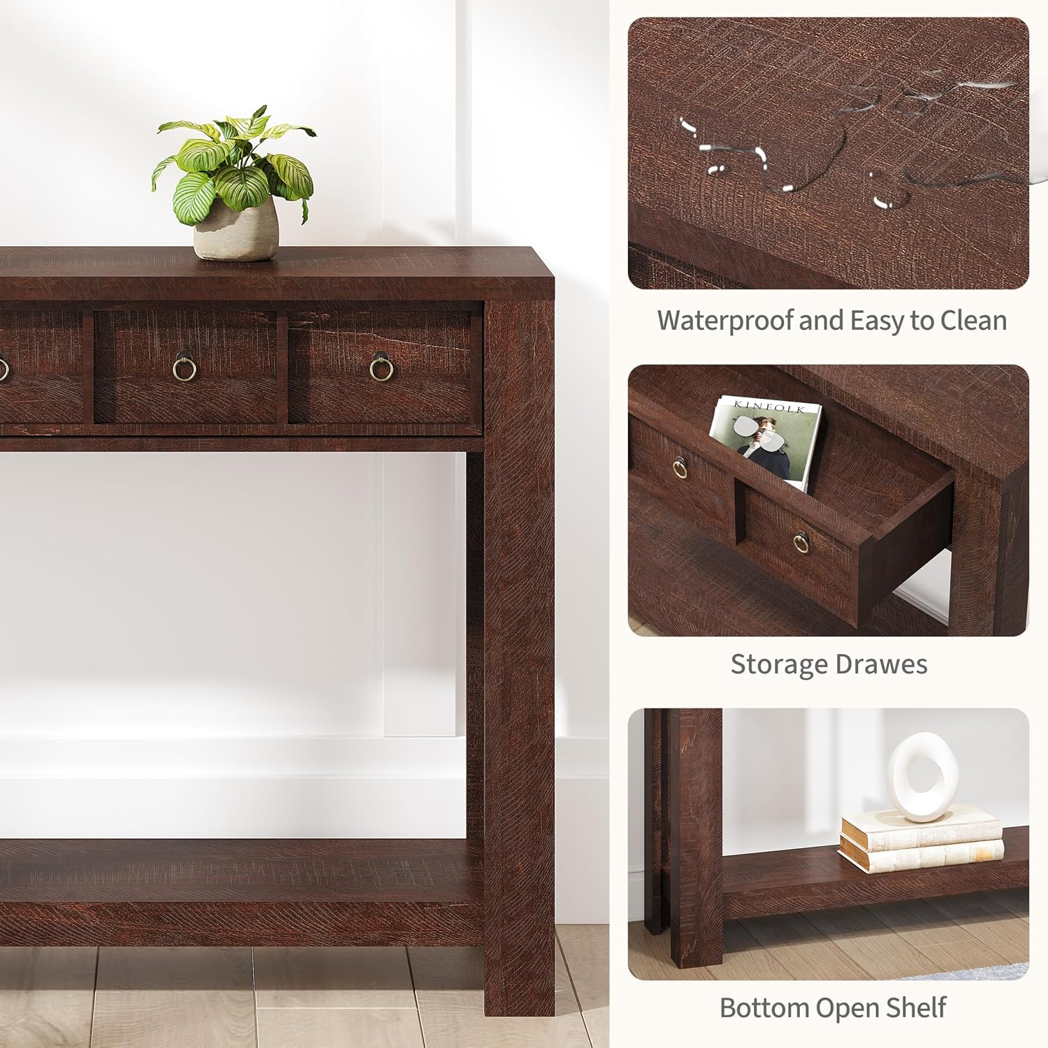 IDEALHOUSE 54inch Rustic Wooden Entryway Table with 2 Drawers & Open Shelf – Farmhouse Console Sofa Table for Hallway, Foyer & Living Room, Brown
