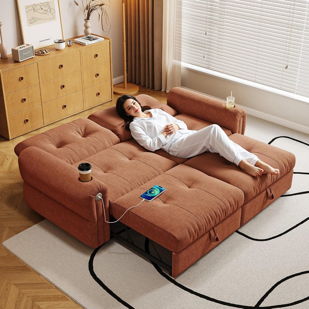 MAKIAAP Sleeper Sofa Bed, Queen Size Sofa Bed, Convertible Pull Out Couch with Adjustable Backrest, USB Port and Side Pockets, Modern 2 Seater Small Couches for Living Room, Space-Saving
