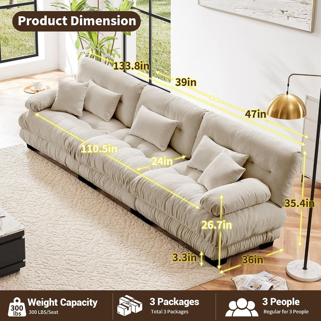 Modular Sectional Sofa Cloud Couch, 133.8' Modern Deep Seat Sectional Couches for Living Room, Oversized Modular Couch with 5 Pillows, 3 Seater Comfy Chenille Sofa Bed for Bedroom, Light Coffee