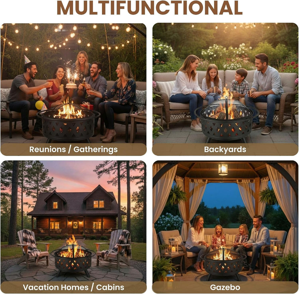 Fire Pit - 32-Inch Outdoor Wood Burning Firepit with Screen, Poker, and Cover - Outdoor Fire Pits for Backyard, Deck, or Patio by Pure Garden (Black)
