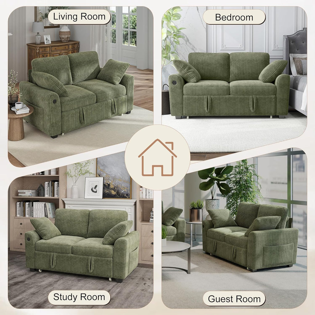 Hanherry 59' Loveseat Sofa with Pull Out Couch Bed, Corduroy 2-in-1 Convertible 2 Seater Sleeper Sofa with USB Charging,Comfy Love Seat for Small Spaces Living Room Apartment