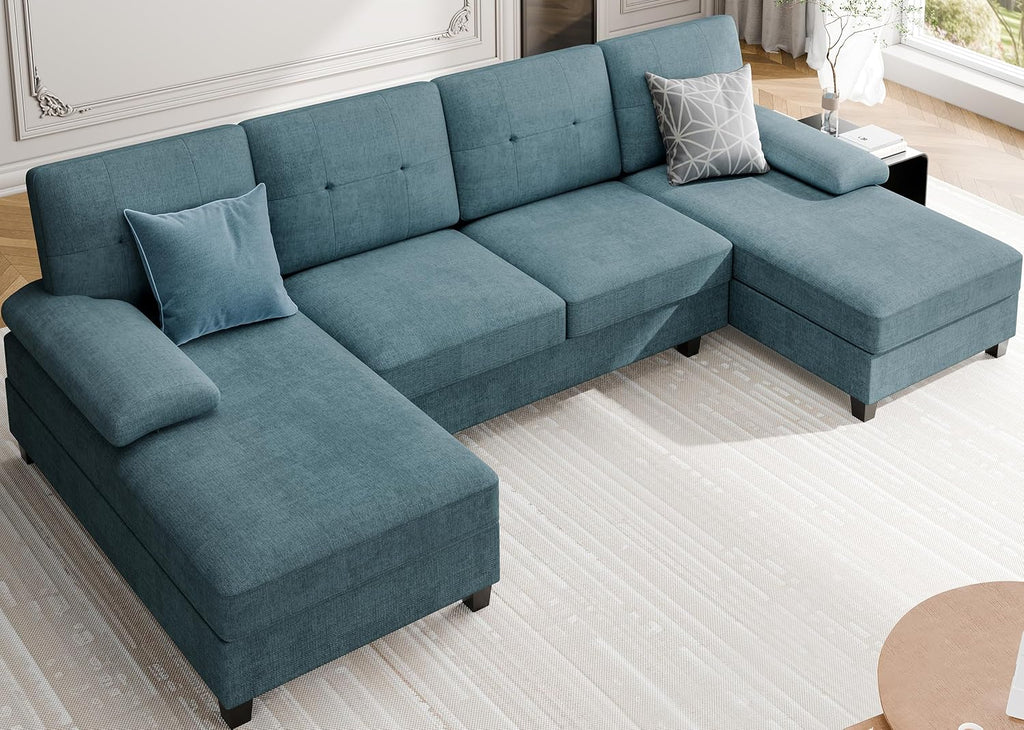 Sectional Couches for Living Room, 106 in U Shaped Couch Soft Sectional Sofa with Double Chaise, Comfortable 4 Seat Sofa Couch (Blue) | Breathable Fabric