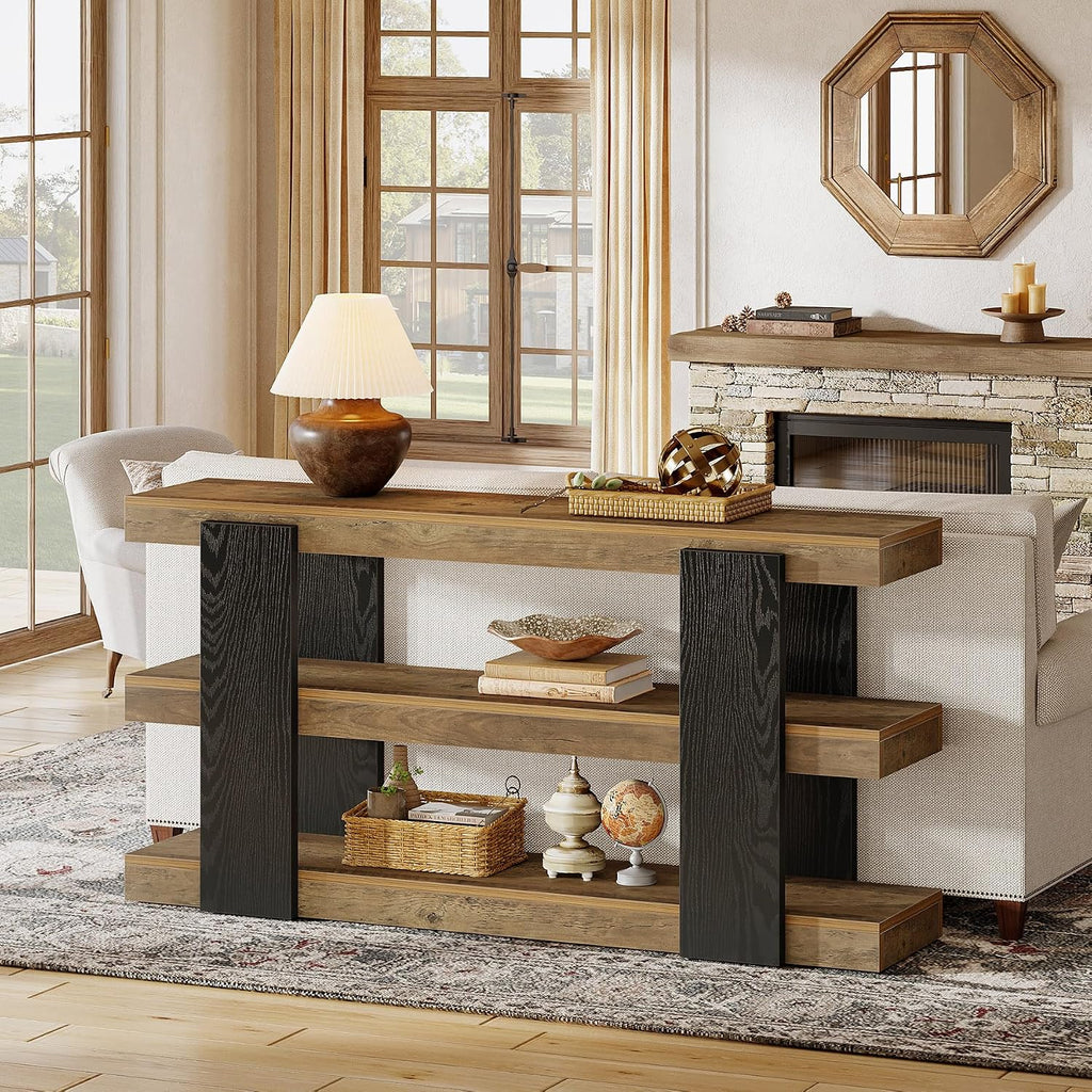 Tribesigns 63-Inch Long Console Table, 3-Tier Entryway Table with Storage, Farmhouse Wood Behind Couch Tables for Entryway, Living Room, Hallway, Rustic Brown & Black