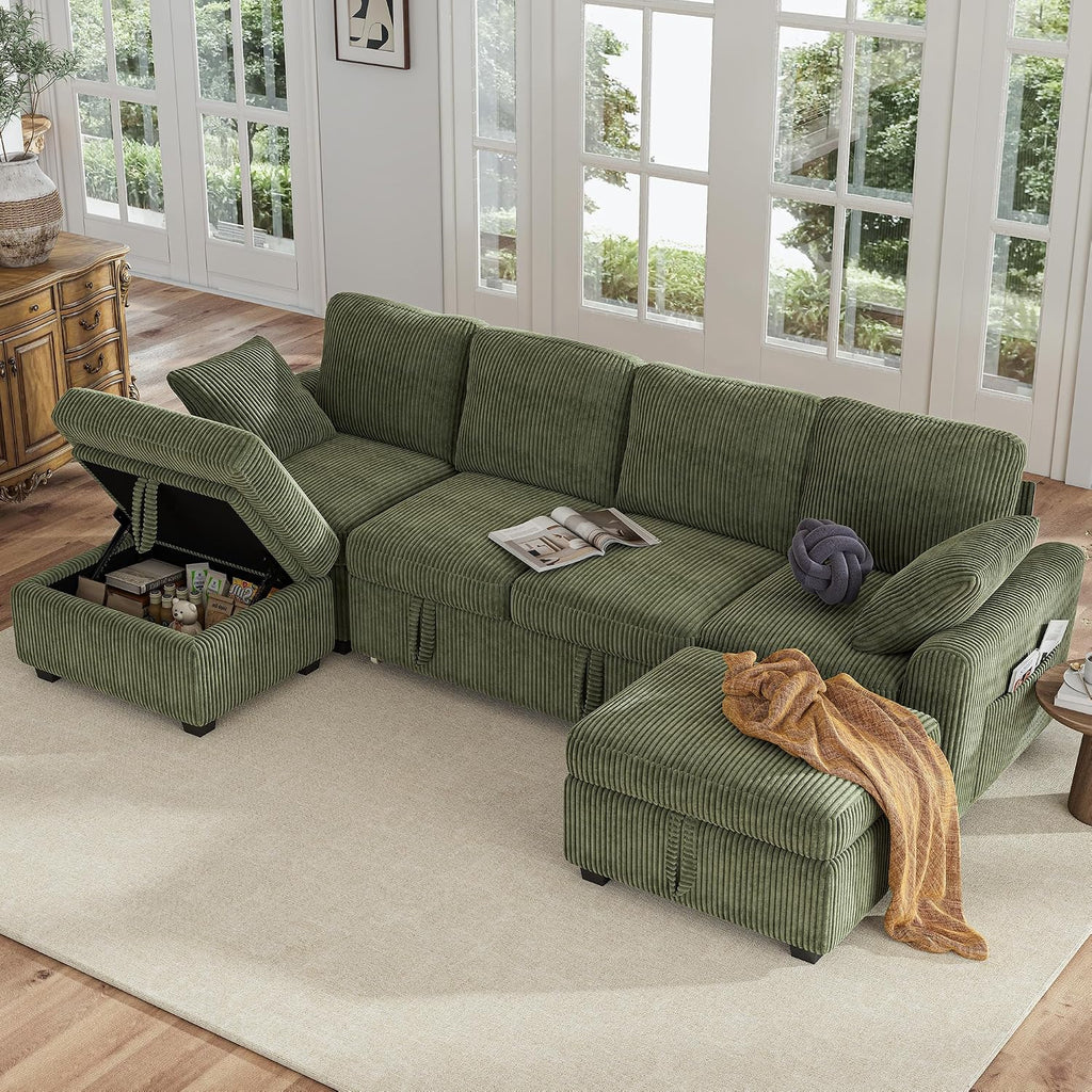 Hanherry 104' Sectional Couch with Pull Out Sofa Bed,Corduroy Sleeper Sofa with Storage Ottoman & USB Charging,Comfy U Shaped Modular Couches for Living Room,Apartment