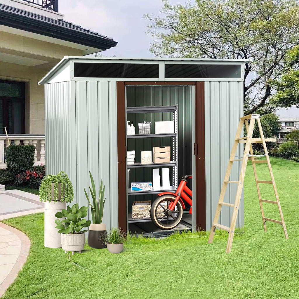 6.4 x 5ft Outdoor Metal Storage Shed，with Lockable Doors, Floor Frame, Sun Protection, Waterproof Tool Storage Shed for Patio, Lawn,Backyard (White-6.4 x 5ft)