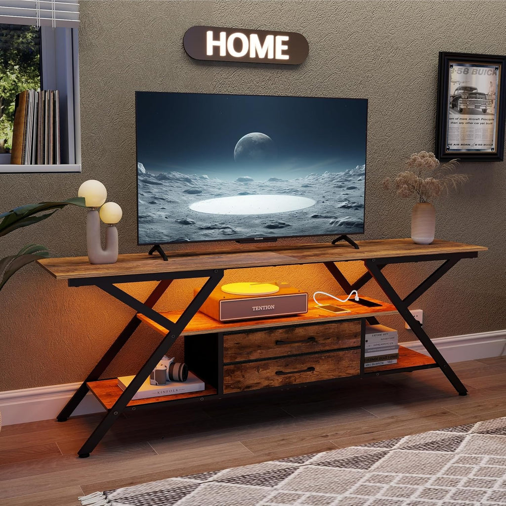 Simoretus TV Stand with Power Outlet and LED Lights, Fits TVs up to 65', 2 Fabric Drawers Entertainment Center with Open Storage Shelves, Media Console for Living Room, Bedroom (Rustic Brown)