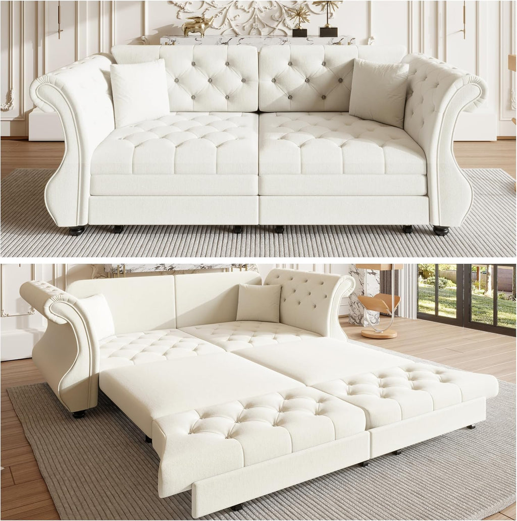 83.8' Queen Size Sleeper Sofa Bed, 3-in-1 Convertible Pull Out Chesterfield Sleeper Couch, Oversized Velvet Flower Button Tufted Loveseat Sofa for Living Room Small Spaces, Beige White